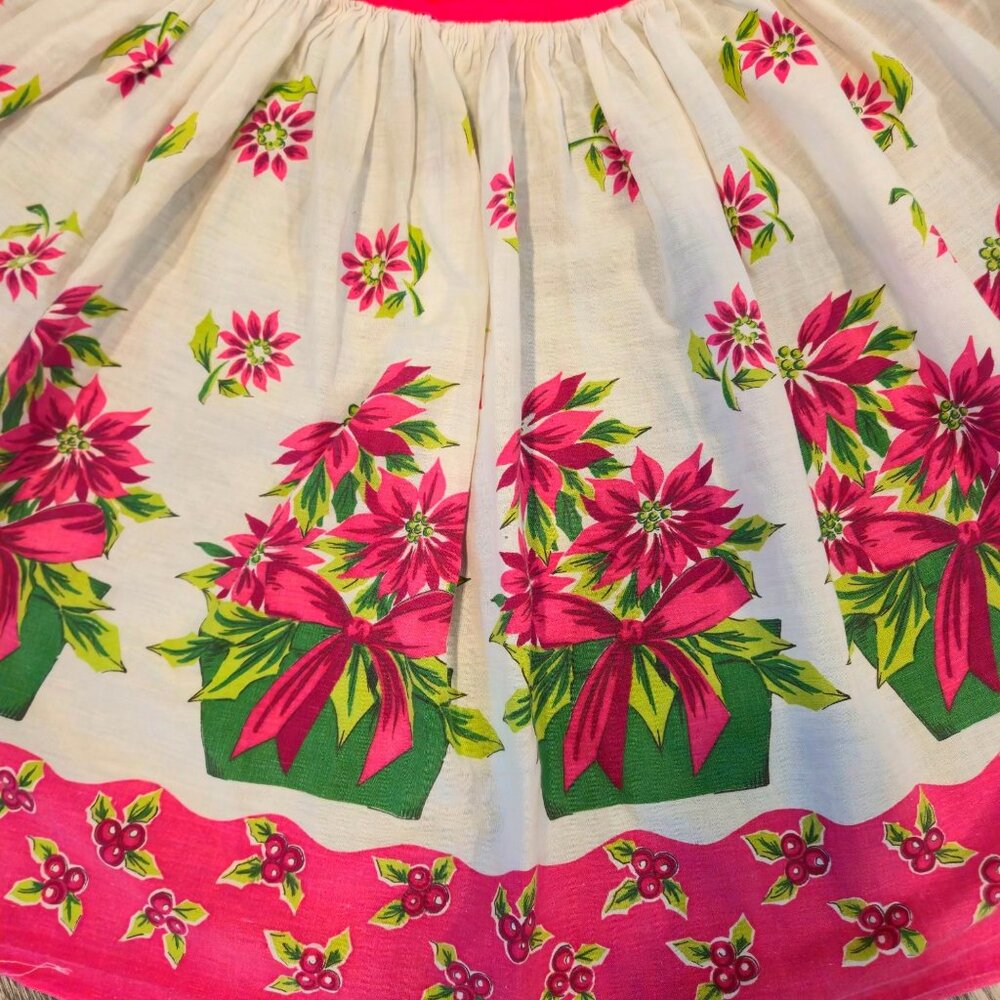 Vintage Christmas Apron Poinsettia Floral Print red Waist Ties Holiday Hostess - Picture 5 of 10